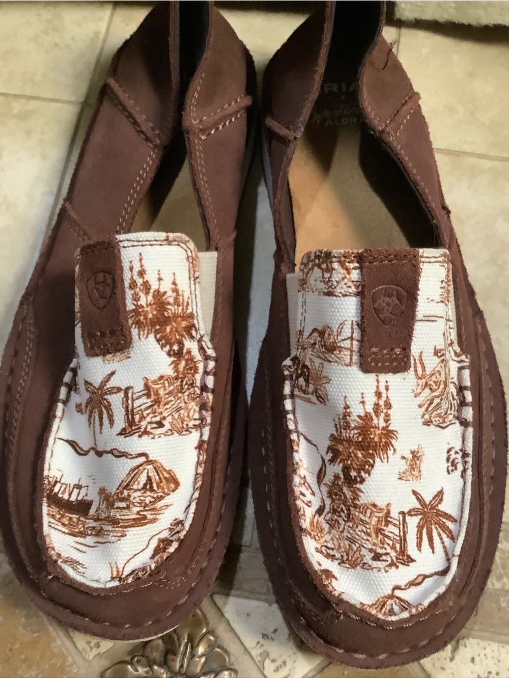Ariat Brown & White Canvas Slip-On Moccasins with Island Print